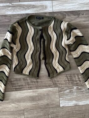 Olive & Cream Striped Knit Cardigan Sweater